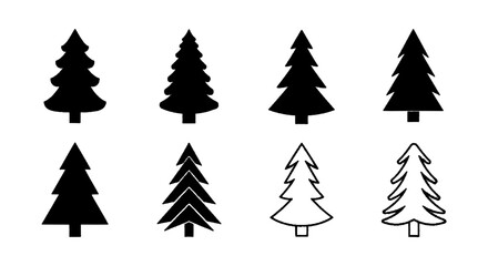 Fototapeta premium Vector illustration of set of various pine tree silhouettes and outline icons on a transparent background