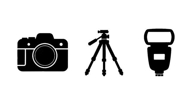 Vector illustration of photography equipment icons set including camera, tripod and external flash on a transparent background
