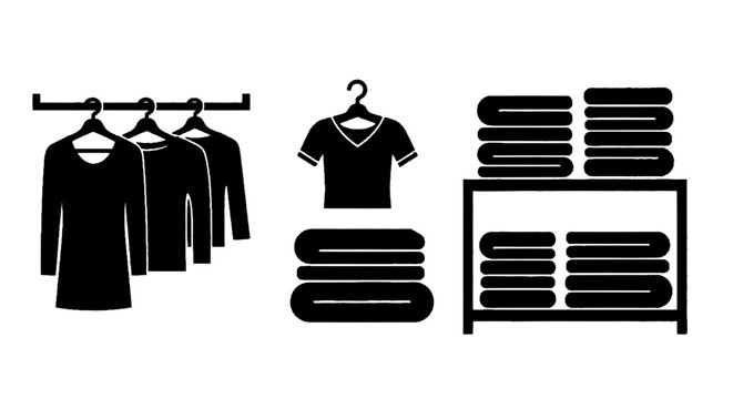 Vector illustration of clothing storage icons set, hanging clothes and folded garments on shelves on a transparent background