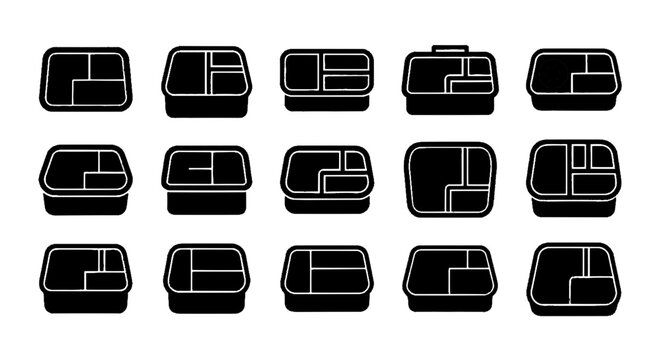 Vector illustration of set of bento lunch box icons with different compartment layouts on a transparent background