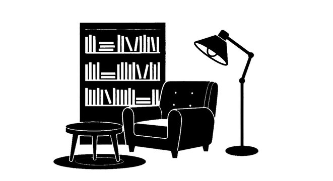 Vector illustration of cozy reading corner with armchair, bookshelf, floor lamp and side table on a transparent background