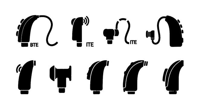 Vector illustration of set of hearing aid icons, different types of medical devices for hearing on a transparent background