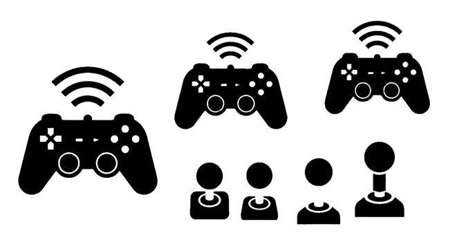 Vector illustration of set of video game controllers and joysticks icons on a transparent background