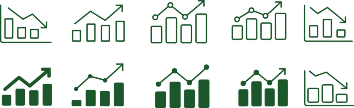 Collection of dark green bar charts and line graphs showing upward and downward trends 1