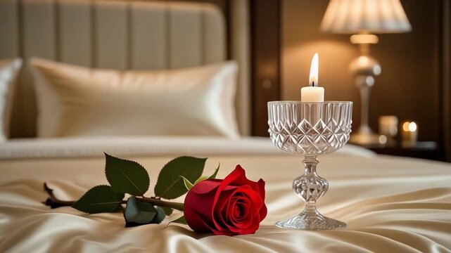 romantic hotel bedroom setup with red rose candle