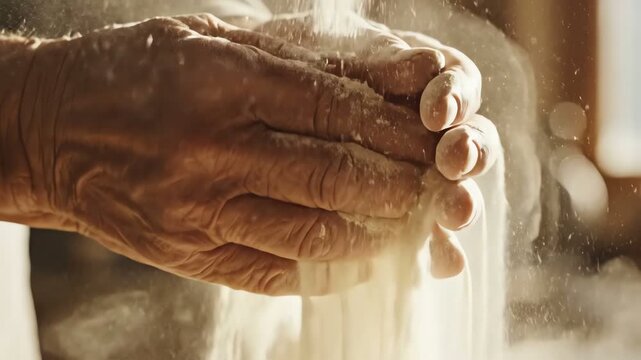 Close-up of elderly hands sifting flour, baking ingredients, traditional cooking, warm light.