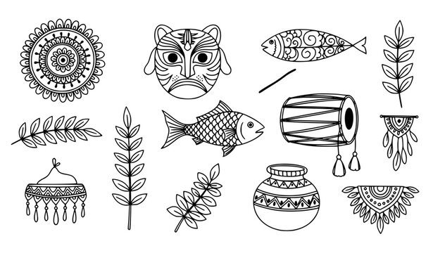 Pohela Boishakh icons black and white vector set with Bengali new year traditional symbols