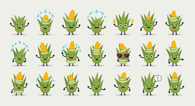 Three cute cartoon cactus characters with funny expressions on a pastel background.
