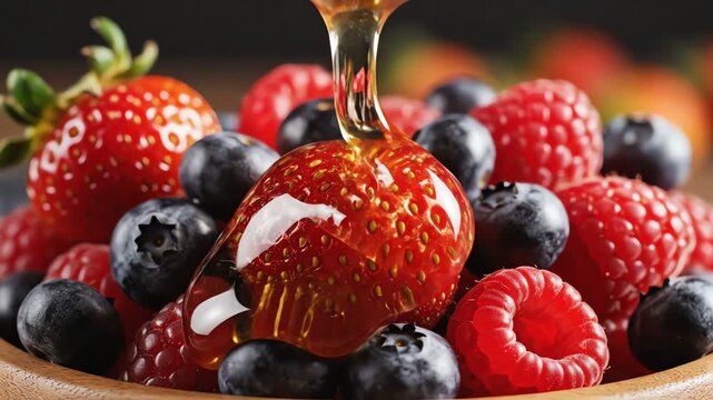 Fresh Berries and Dripping Honey Macro Close-up