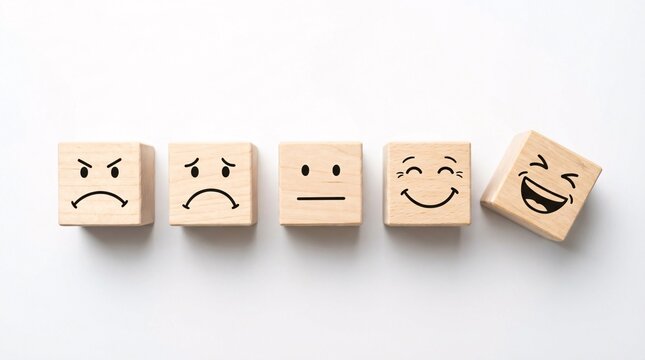 Emotional faces on wooden blocks representing different moods and emotions on white background with various expressions