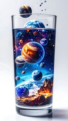 Obraz premium Planets floating in a tall glass of clear liquid, a creative space concept. 