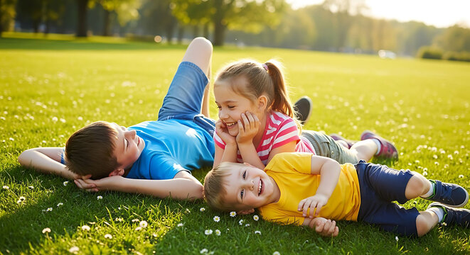 Happy family lying on grass in sunny park enjoying outdoor leisure time