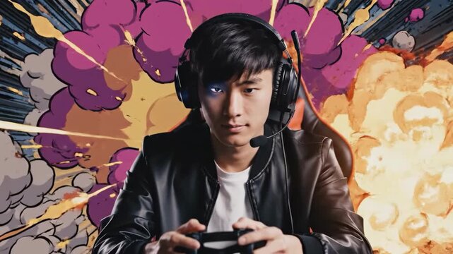 A young man wearing a headset and holding a controller, focused on his game with an explosive background.