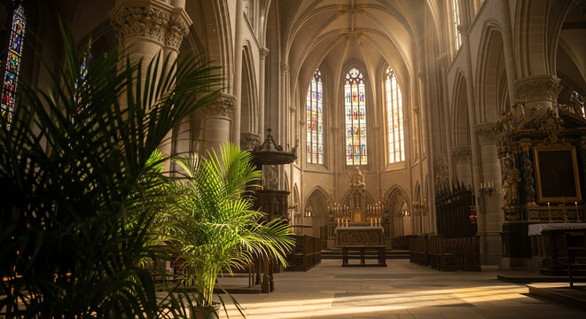 Sunlight Streaming Through Stained Glass Windows in Grand Gothic Cathedral Interior