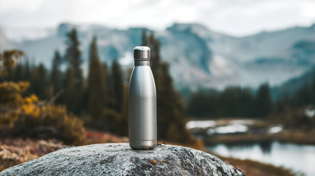 Eco-Friendly Stainless Steel Water Bottle Outdoors: Adventure and Hydration in Beautiful Mountain Landscape