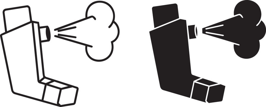 A black and white illustration depicts two inhalers releasing a puff of medication representing respiratory care and treatment high quality professional detailed modern elegant stylish clean