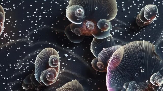Intricate microscopic ecosystem revealing complex organic cellular structures with iridescent textures and shimmering particles on a dark, textured background