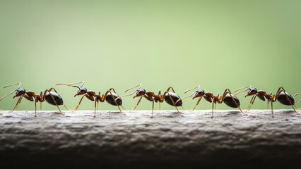 Fototapeta premium Ants Marching in a Long Organized Line on a Wooden Surface with a Blurred Green Natural Background