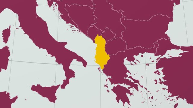 Albania map. Animated zoom into the country on the Globe in Pale Mint Dark Pink color palette. Country logo animation with round text and airplanes. Map with meridians, parallels. Appealing video.
