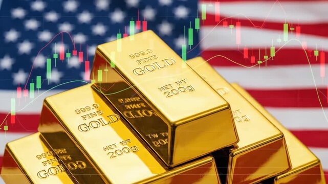 Gold bullion bar stack with national flag and stock market chart overlay for gold investment safe haven security wealth protection stability trust value and economy focus