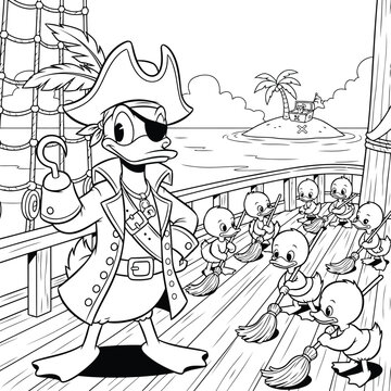 Pirate duck captain with hook hand and eye patch on ship deck with baby ducks with brooms.