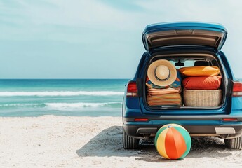 SUV trunk packed with luggage and beach gear on sandy shore beside rolling ocean waves, summer road trip getaway scene © oksa_studio