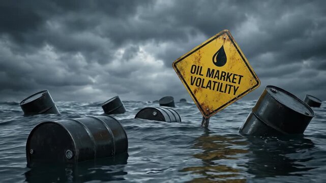 Oil market volatility brings instability, fluctuation, risk, crisis, unpredictability, uncertainty, economy inflation speculation warning sign over stormy ocean with oil barrel energy symbol