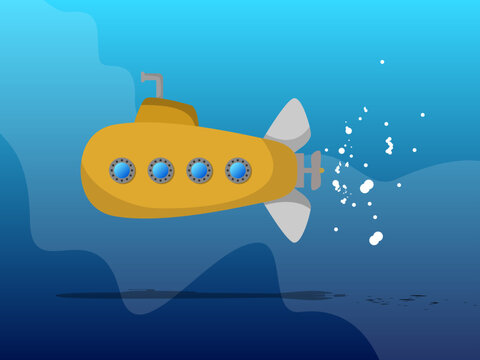 Yellow submarine diving underwater with air bubbles, periscope and windows, flat vector illustration of undersea exploration in deep blue ocean background.