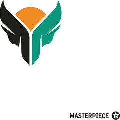 Obraz premium Abstract logo featuring stylized wings and a sun-like element.