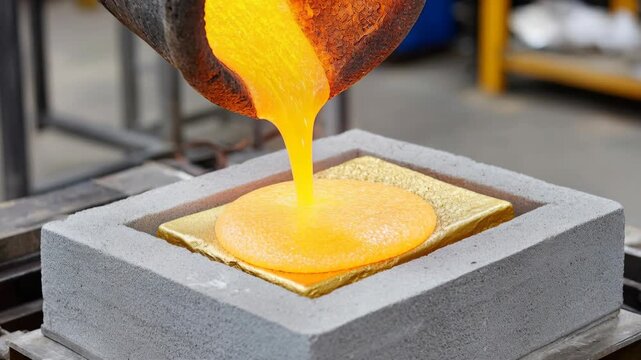 A stream of glowing liquid gold flows into a mold, filling it to create a precious metal ingot.