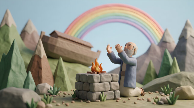 for kids Old man Noah praying with hands raised above sacrificial fire altar, Biblical scene after great flood with rainbow and ark, Religious Christian concept.