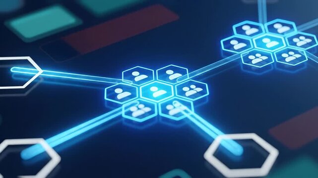 Meeting virtual global team teamwork collaboration connection communication synergy connectivity digital network interface showing linked nodes people icons business workflow diagram hexagon nodes