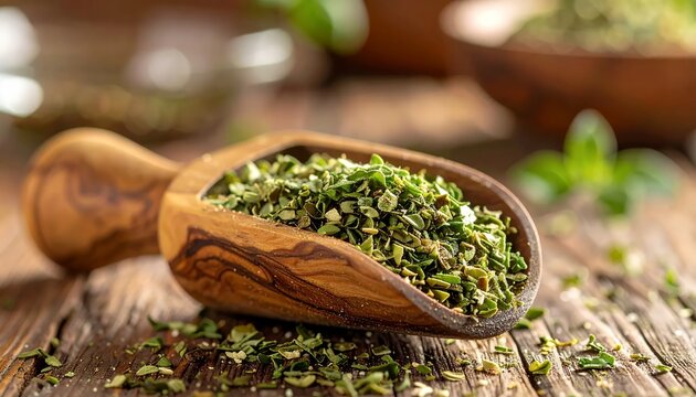 Dried Green Herbs in Wooden Scoop on Rustic Table.