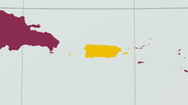 Puerto Rico map. Animated zoom into the country on the Globe in Pale Mint Dark Pink color palette. Country logo animation with round text and airplanes. Map with meridians, parallels. Awesome video.