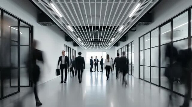 Coworking space interior modern collaboration productivity innovation networking flexibility creativity bright office corridor with glass meeting room motion blur people showing synergy drive