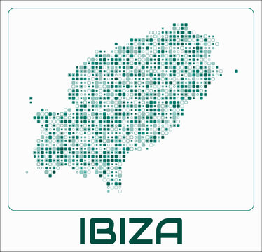 Ibiza digital style map. Small roundedSquare dots on white background. Dotted shape of the island. Ibiza map and title. Awesome vector illustration.