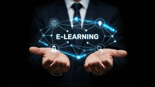 Online education e learning network collaboration global knowledge connectivity teamwork synergy concept with business professional hands presenting digital interface for virtual training course