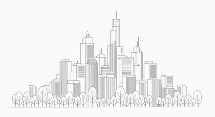 Fototapeta premium Cityscape Sketch: Modern Skyline with Trees in Foreground, Architectural Drawing