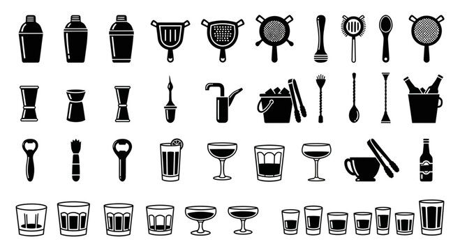 Cocktail Bar Tools and Glassware Collection: Shakers, Strainers, Jiggers, Ice Buckets, Glasses