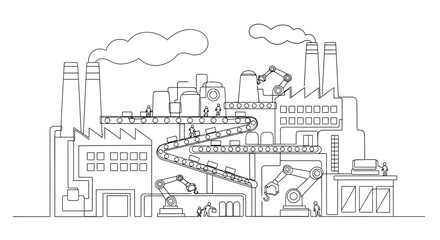 Naklejka premium Modern factory with robotic arms and conveyor belts, industrial automation concept