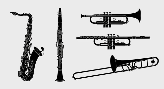 Musical Instruments Silhouettes: Saxophone, Clarinet, Trumpet, Flute, Trombone