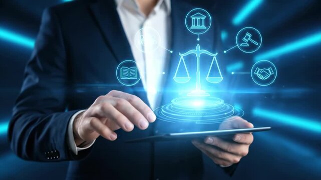 Employment labor law justice rights fairness compliance regulation equality protection for business legal professional using digital tablet with scales icon representing workplace regulation
