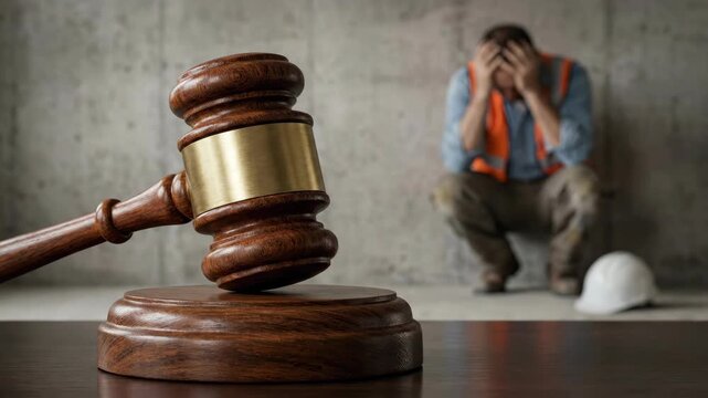 Employment labor law justice rights fairness compliance regulation equality protection workplace dispute with wooden gavel and construction worker safety vest background highlighting legal protection