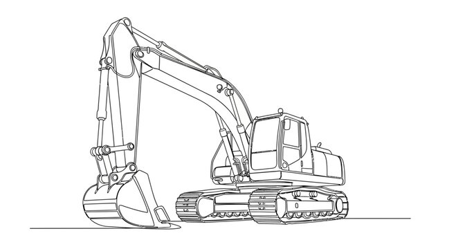 Excavator line art drawing, heavy construction machinery, digger outline, industrial equipment
