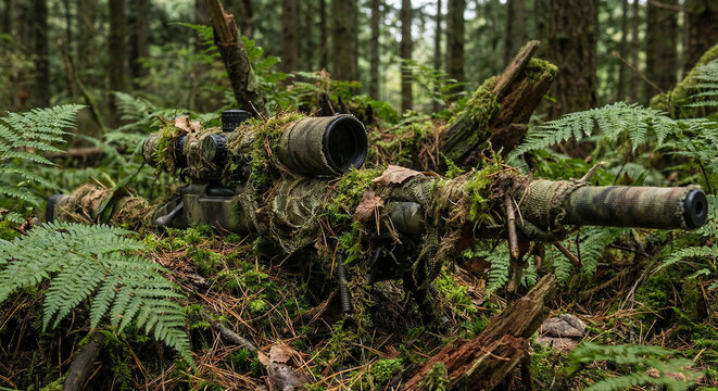 a camouflaged rifle with a scope in the forest