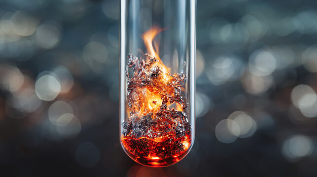 Fire Chemistry Experiment: Flammable Liquid Reaction in Test Tube &ndash; Vibrant Lab Photography with Safety Precautions