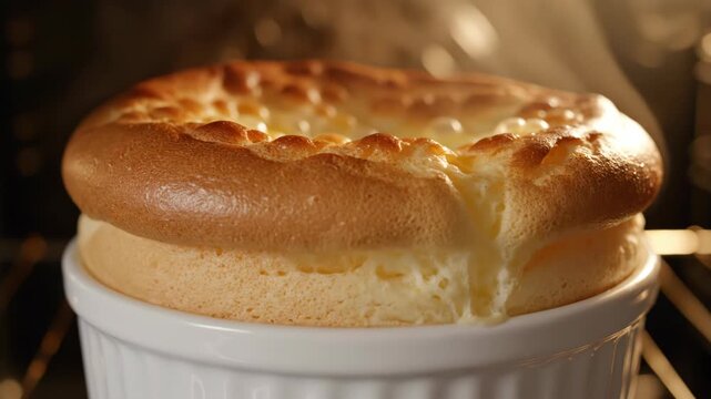 Golden Brown Souffl? Rising in a White Ramekin Inside an Oven.