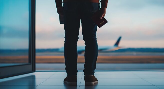 Person standing in airport terminal, holding passport and boarding pass, looking at airplane on runway, conceptualizing travel and tourism