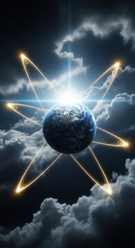 Planet Earth surrounded by three glowing energy rings. Biblical concept of Three Angels Messages of Revelation, or global science and communication network