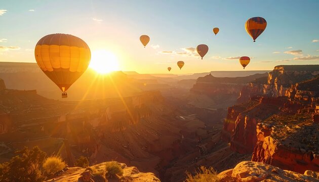 Hot Air Balloons Soaring Over Grand Canyon at Sunrise.